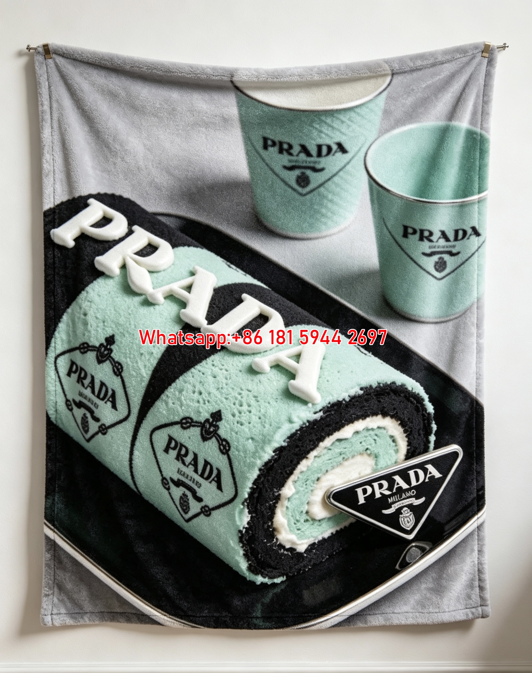 Prada Mint Green Black Cake Print Flannel Throw Blanket IMG_2784